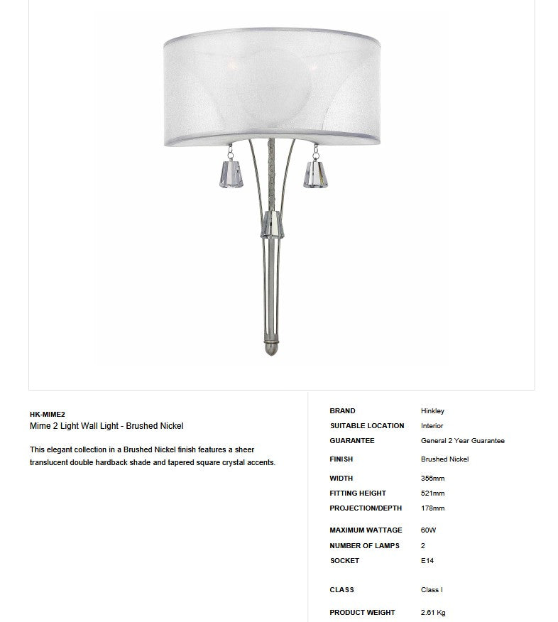 Mime 2 Licht Wandleuchte - gebürstetes Nickel
