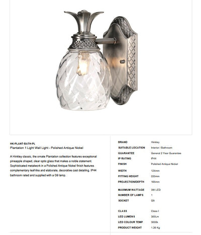 Plantation 1 Licht Wandlicht - poliertes antikes Nickel