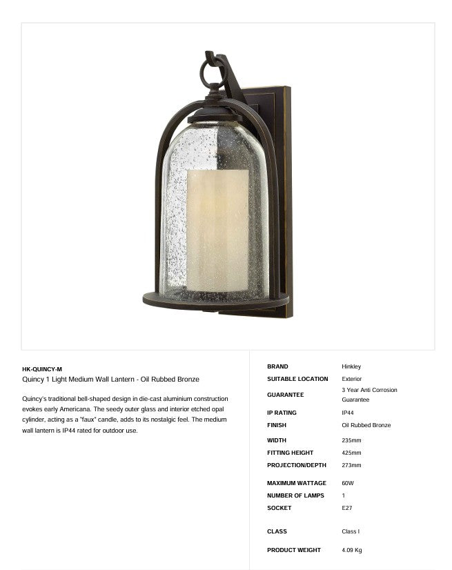 Quincy 1 Light Medium Wandlaterne - Ölgeriebene Bronze