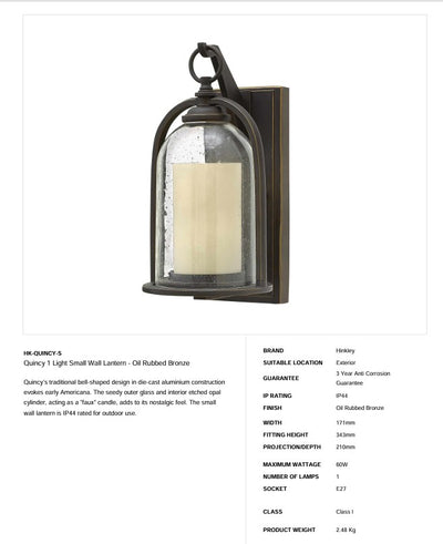 Quincy 1 Light Kleine Wandlaterne - Ölgeriebene Bronze