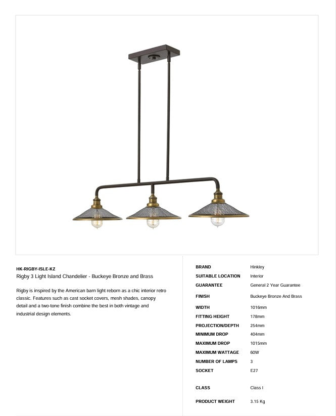Rigby 3 Light Island Kronleuchter - Buckeye Bronze und Messing