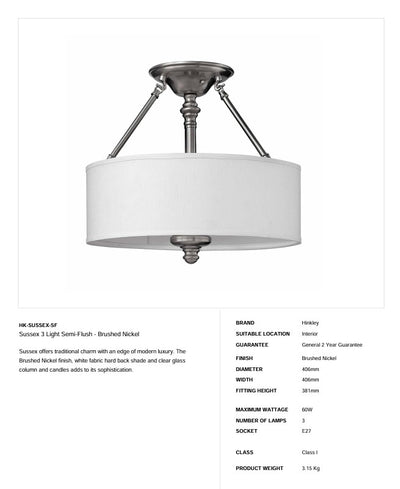 Sussex 3 Light Semi-Flush - Nickel gebürstet