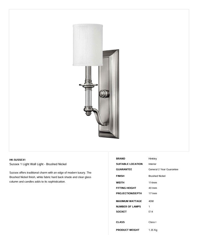 Sussex 1 Light Wandleuchte - Nickel gebürstet