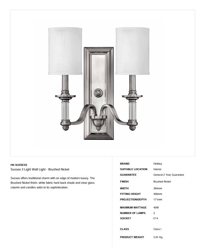 Sussex 2 Light Wandleuchte - Nickel gebürstet