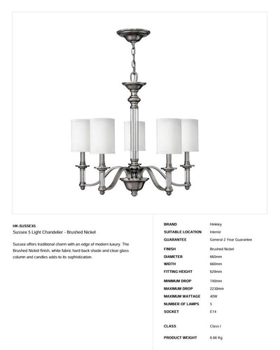 Sussex 5 Light Kronleuchter - Nickel gebürstet