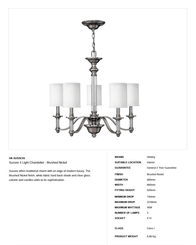 Sussex 5 Light Kronleuchter - Nickel gebürstet