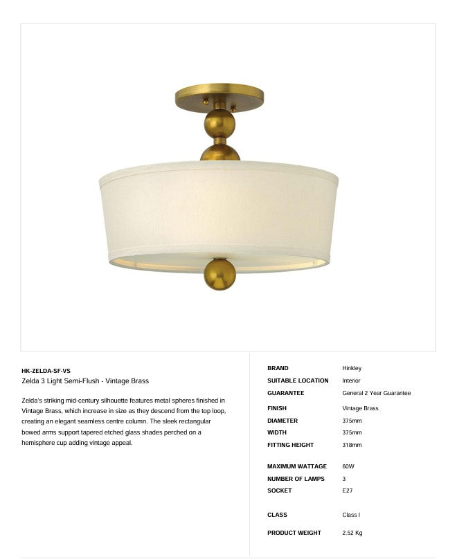 Zelda 3 Light Semi-Flush - Vintage Messing