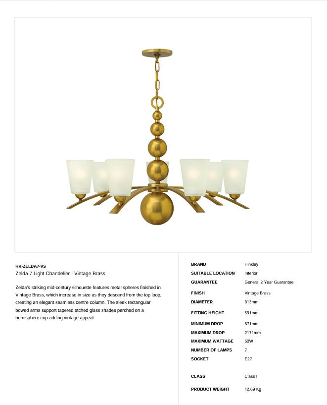 Zelda 7 Light Chandelier - Vintage Brass