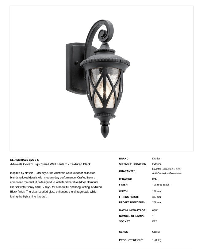 Admirals Cove 1 Light Kleine Wandlaterne - Strukturiert Schwarz