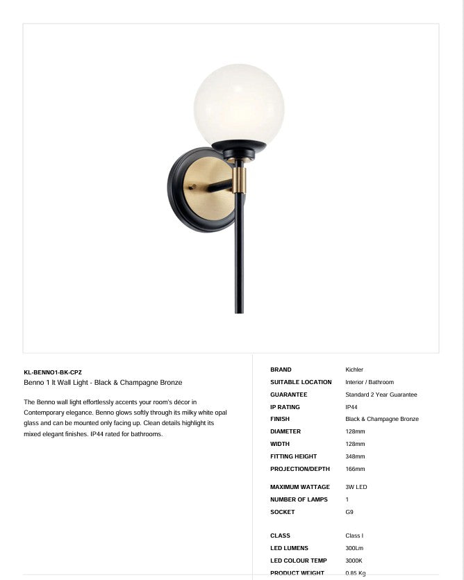 Benno 1 lt Wandleuchte - Schwarz & Champagner Bronze + Champagner Bronze(Neuheit)