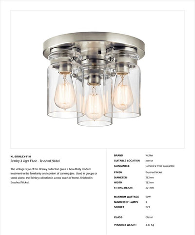 Brinley 3 Light Flush - Nickel gebürstet