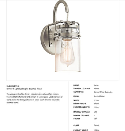 Brinley 1 Light Wall Light - Clicklights Shop