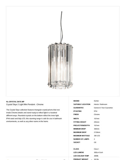 Crystal Skye 2 Light Mini Pendelleuchte - Chrom