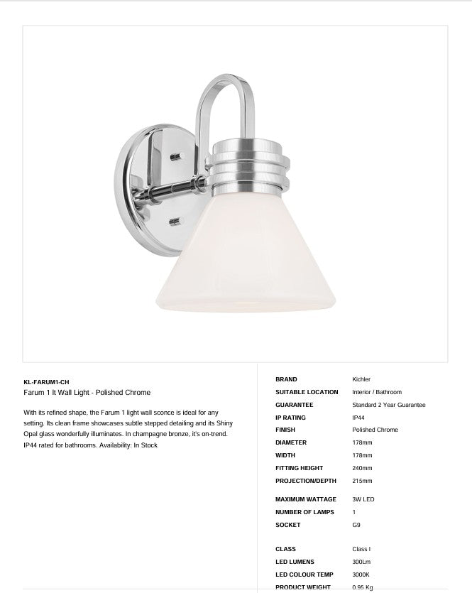 Farum 1 lt Wandleuchte - Chrom poliert oder Bronze oder Schwarz mit Bronze (Neuheit)