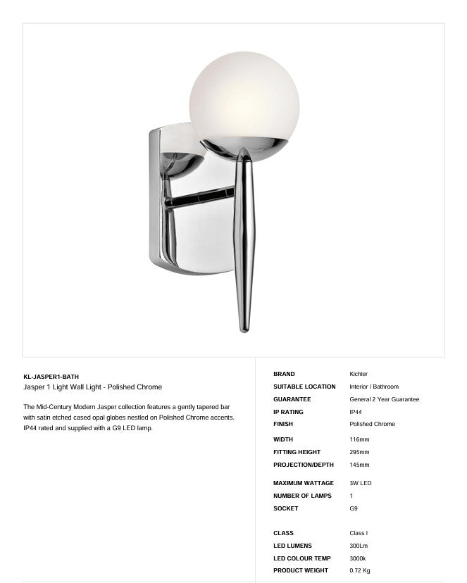 Jasper 1 Light Wandleuchte - Chrom poliert (ABVERKAUF!!!)