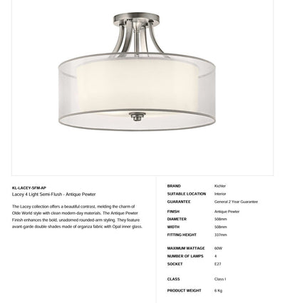 Lacey 4 Light Semi-Flush - Antikes Zinn