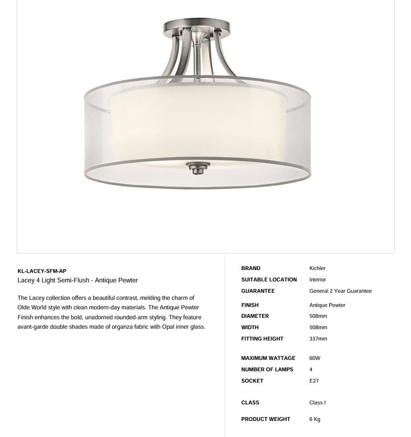 Lacey 4 Light Semi-Flush - Antikes Zinn