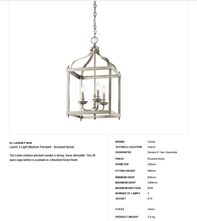 Larkin 3 Licht Medium Anhänger - gebürstetes Nickel