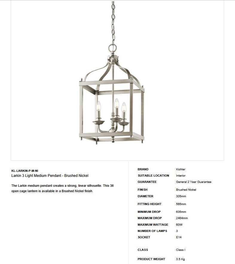 Larkin 3 Licht Medium Anhänger - gebürstetes Nickel