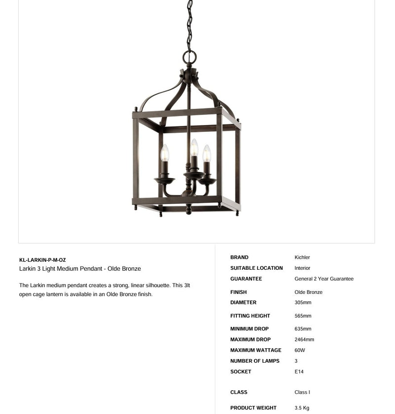 Larkin 3 Light Medium Pendelleuchte - Olde Bronze