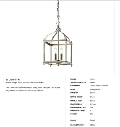 Larkin 2 Light Small Pendelleuchte - Nickel gebürstet