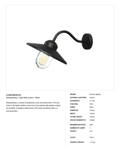 Klampenborg 1 Light Wall Lantern - Black - Clicklights Shop