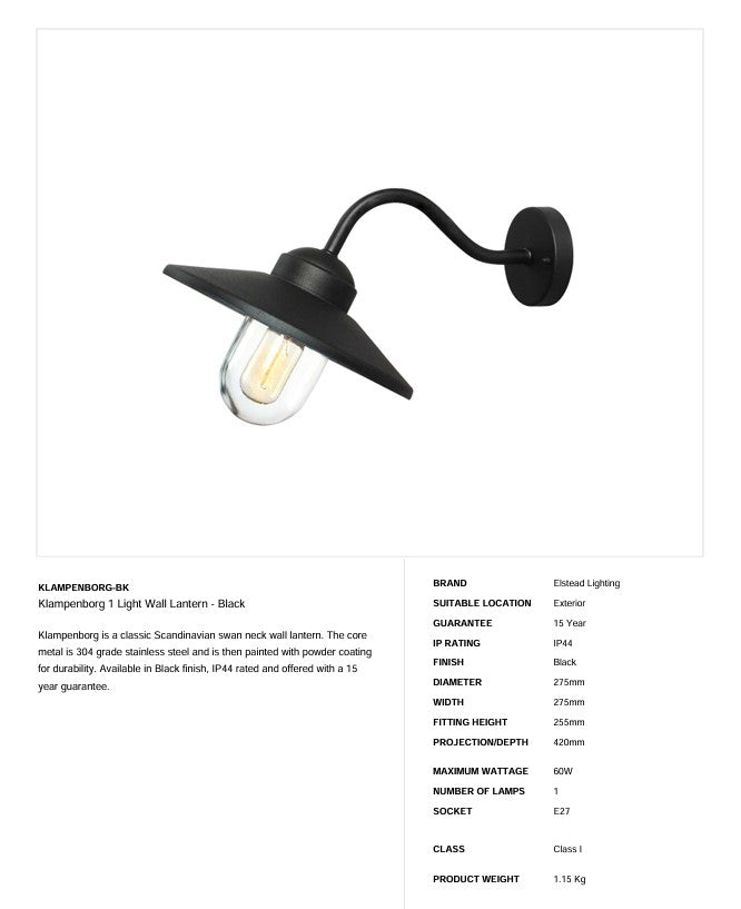 Klampenborg 1 Light Wall Lantern - Black - Clicklights Shop