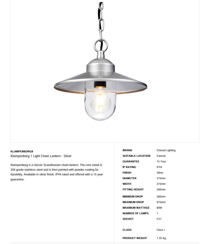 Klampenborg 1 Light Chain Lantern - Clicklights Shop