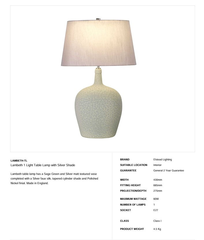 Lambeth 1 Light Table Lamp - Clicklights Shop