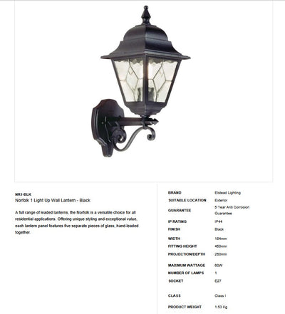 Norfolk 1 Light Up Wall Lantern - Clicklights Shop