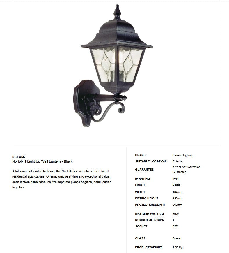 Norfolk 1 Light Up Wall Lantern - Clicklights Shop