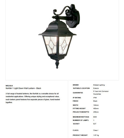 Norfolk 1 Light Down Wall Lantern - Clicklights Shop
