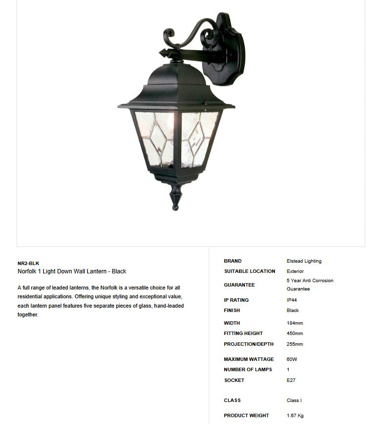Norfolk 1 Light Down Wall Lantern - Clicklights Shop