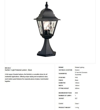 Norfolk 1 Light Pedestal Lantern - Clicklights Shop