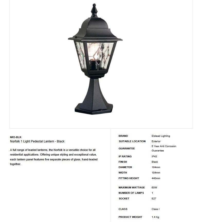 Norfolk 1 Light Pedestal Lantern - Clicklights Shop