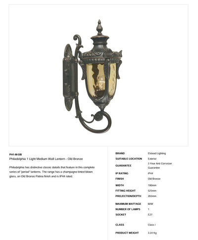Philadelphia 1 Light Medium Wandlaterne - Alte Bronze - Clicklights Shop