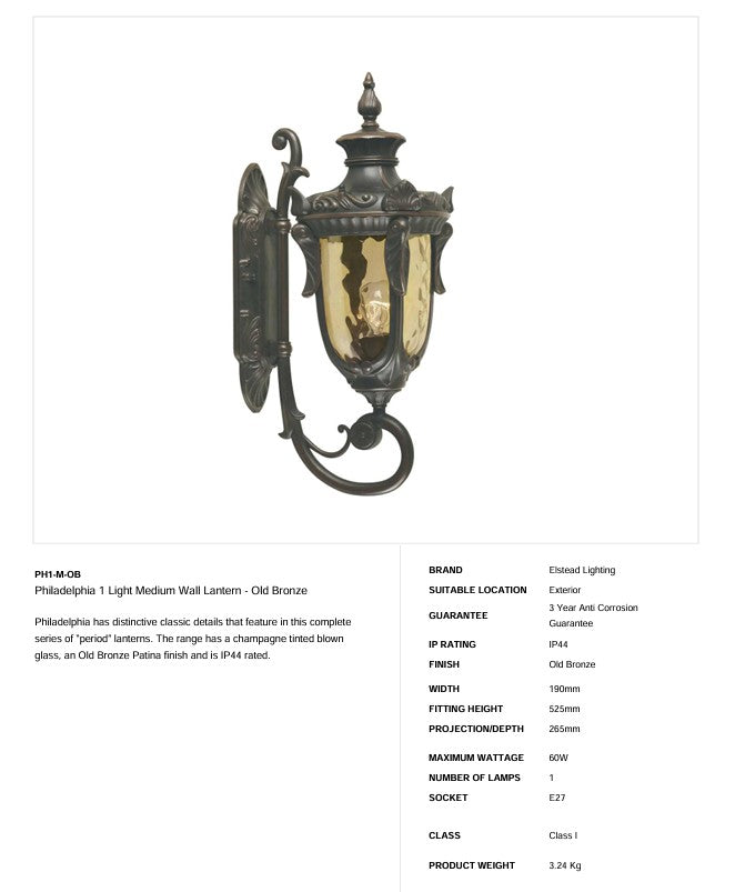 Philadelphia 1 Light Medium Wandlaterne - Alte Bronze - Clicklights Shop