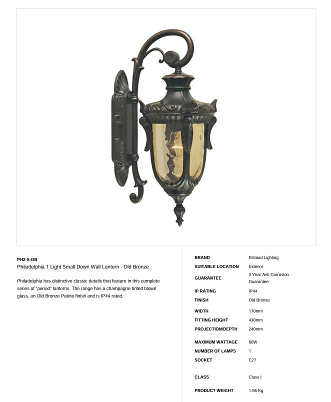 Philadelphia 1 Light Small Down Wall Laterne - Alte Bronze - Clicklights Shop