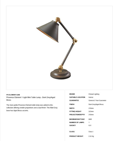 Provence Element 1 Light Mini Tischleuchte - Dunkelgrau/Messing gealtert - Clicklights Shop