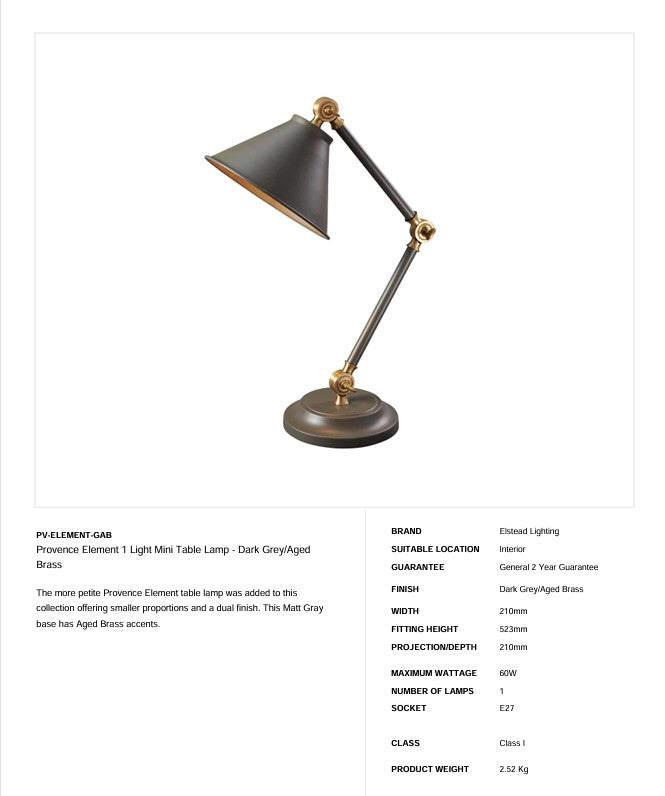 Provence Element 1 Light Mini Tischleuchte - Dunkelgrau/Messing gealtert - Clicklights Shop