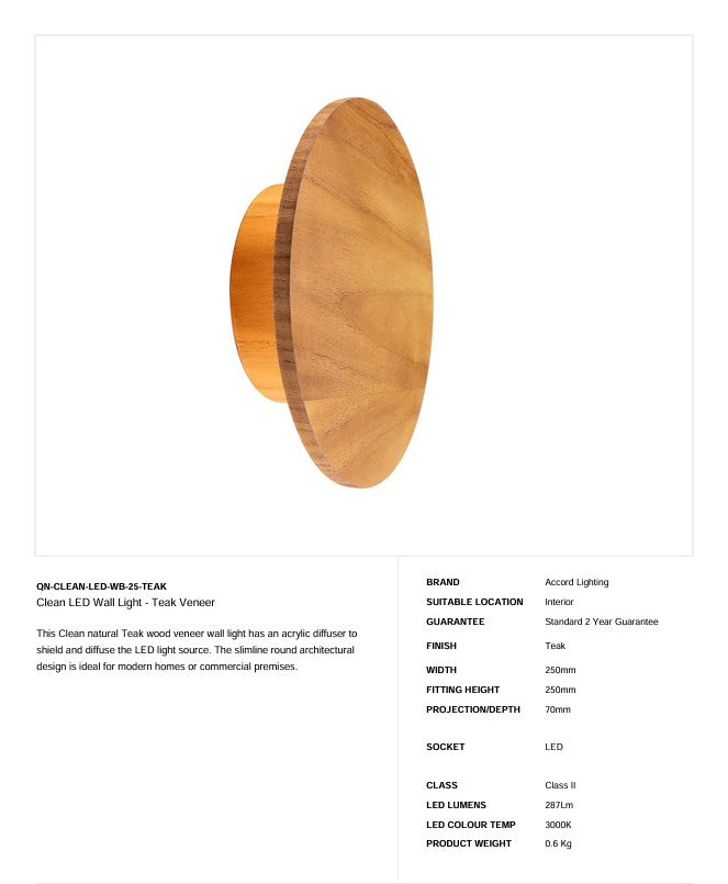 Clean LED Wandleuchte - Teak Furnier (Neuheit)