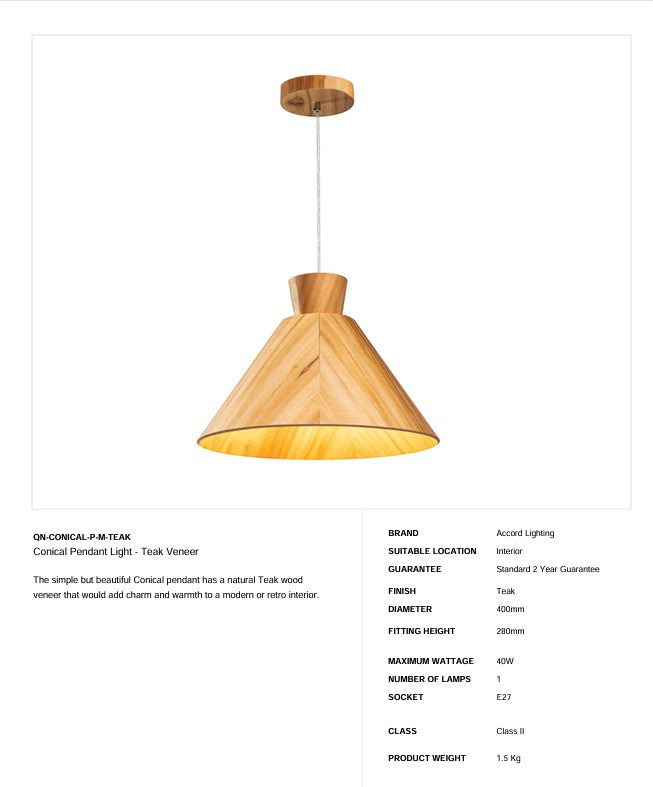 Konische Pendelleuchte - Teak Furnier (Neuheit)