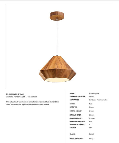 Diamant Pendelleuchte - Teak Furnier (Neuheit)