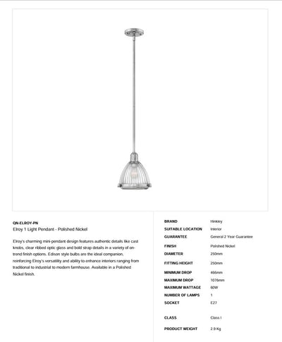Elroy 1 Light Pendelleuchte - Nickel poliert (Neuheit)
