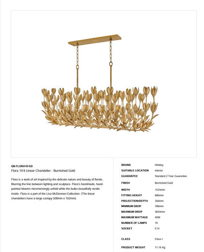 Flora 10 lt Linearer Kronleuchter - Gold brüniert oder Strukturierter Gips (Neuheit)