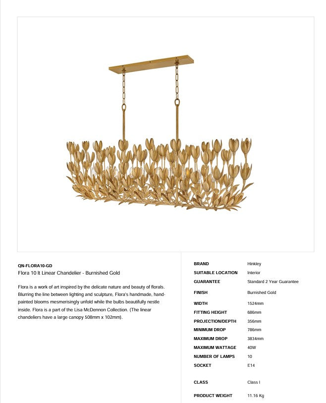 Flora 10 lt Linearer Kronleuchter - Gold brüniert oder Strukturierter Gips (Neuheit)