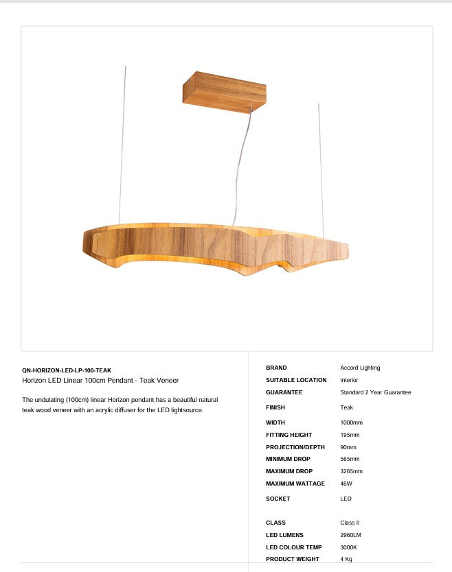 Horizon LED Linear 100cm oder 140cm Pendelleuchte - Teak Furnier (Neuheit)