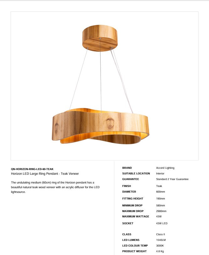 Horizon LED Großer Ring Anhänger - Teak Furnier (Neuheit)