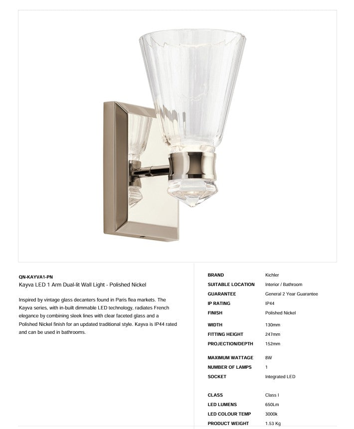 Kayva LED 1 Arm Dual-beleuchtete Wandleuchte - Nickel poliert