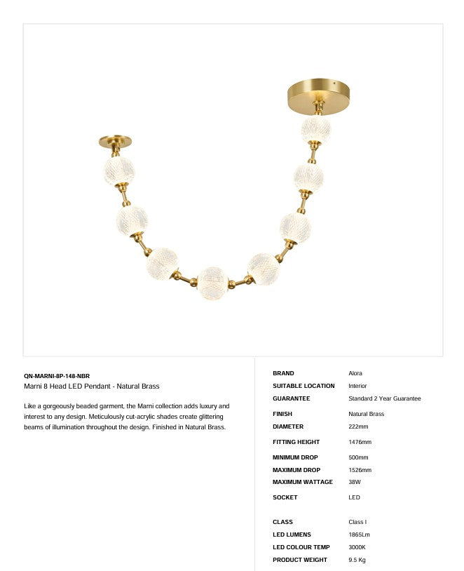 Marni 8 Kopf LED Pendelleuchte - Natürliches Messing (Neuheit)